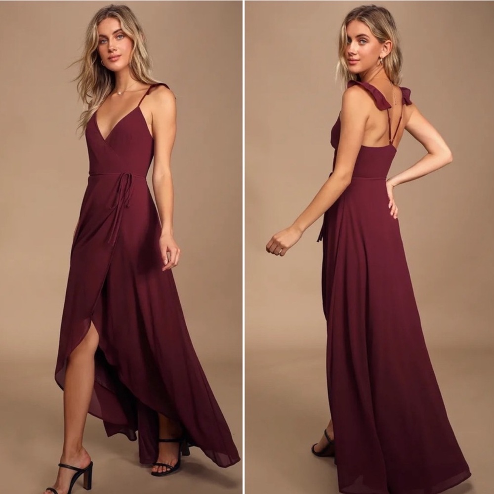Lulu's Here's to Us Burgundy High-Low Wrap Dress NWT